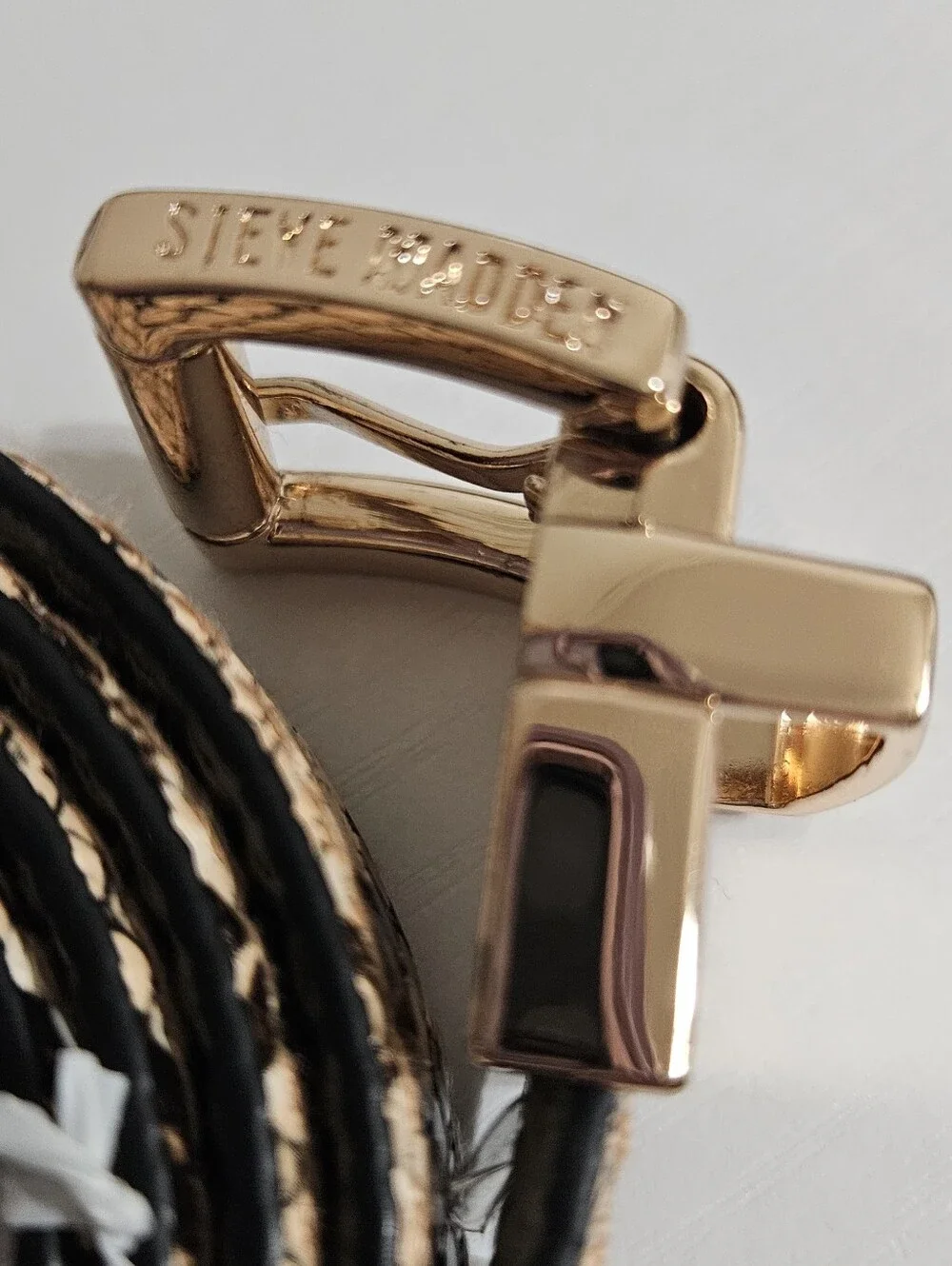 Steve Madden Beige and Black Snake-Print Belt with Gold Buckle
